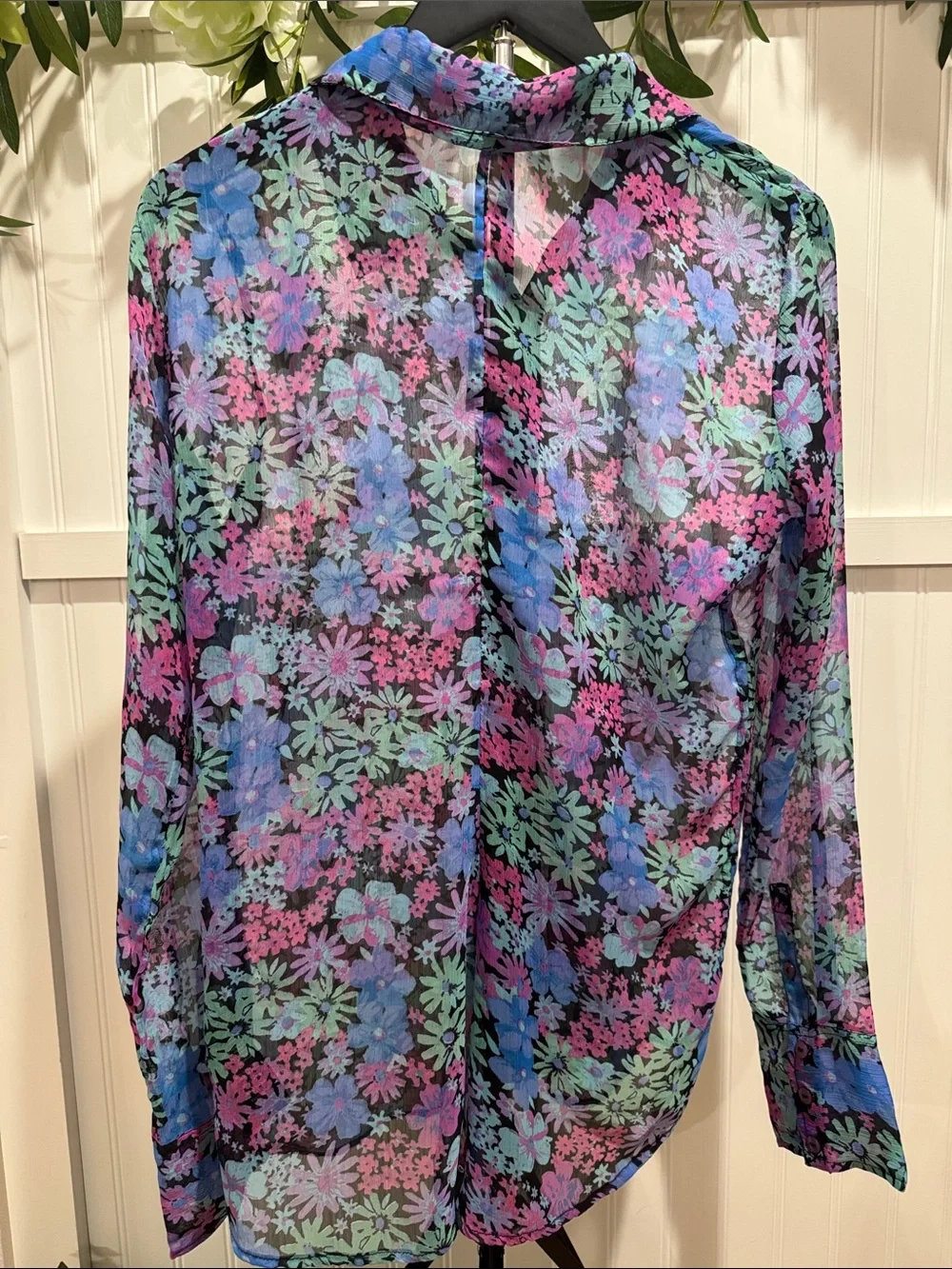 #739 FREE PEOPLE Floral Sheer Button-Down in Pink, Blue, Green, Purple PRETTY!